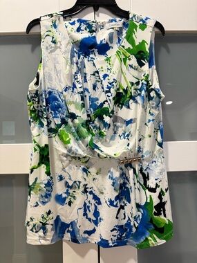 Calvin Klein Blue, Green and White Floral Print Sleeveless Shell Top size Large